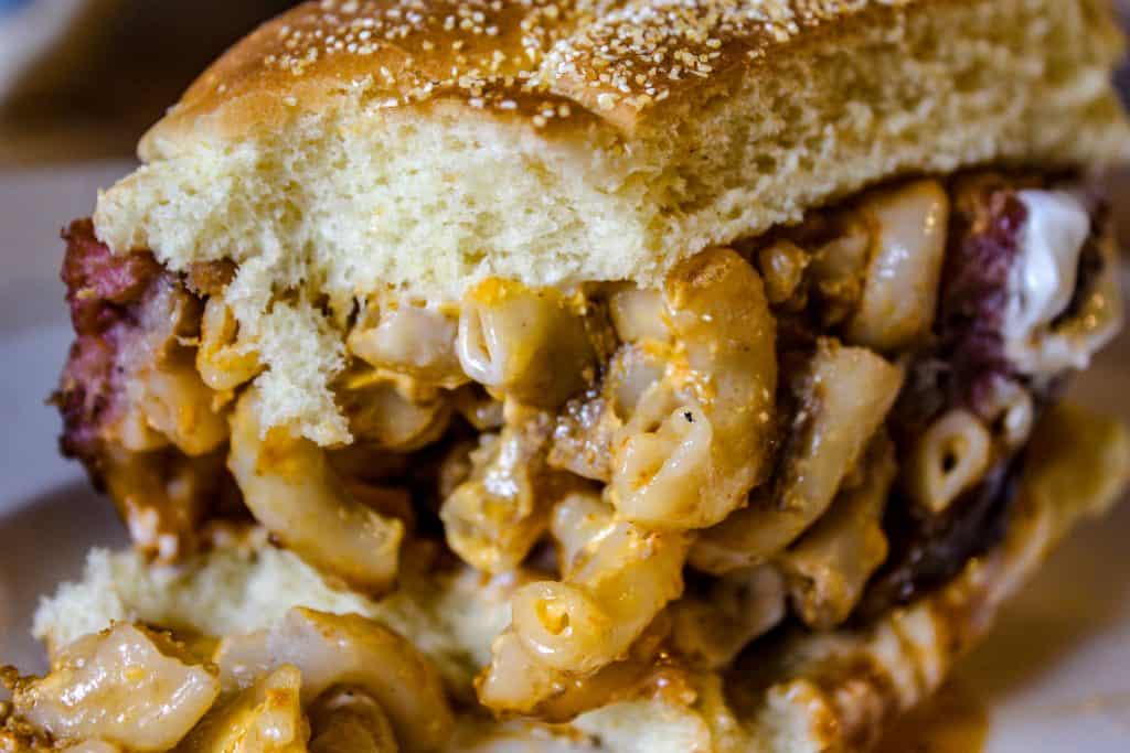 smoked mac and cheese fatty on a kaiser roll