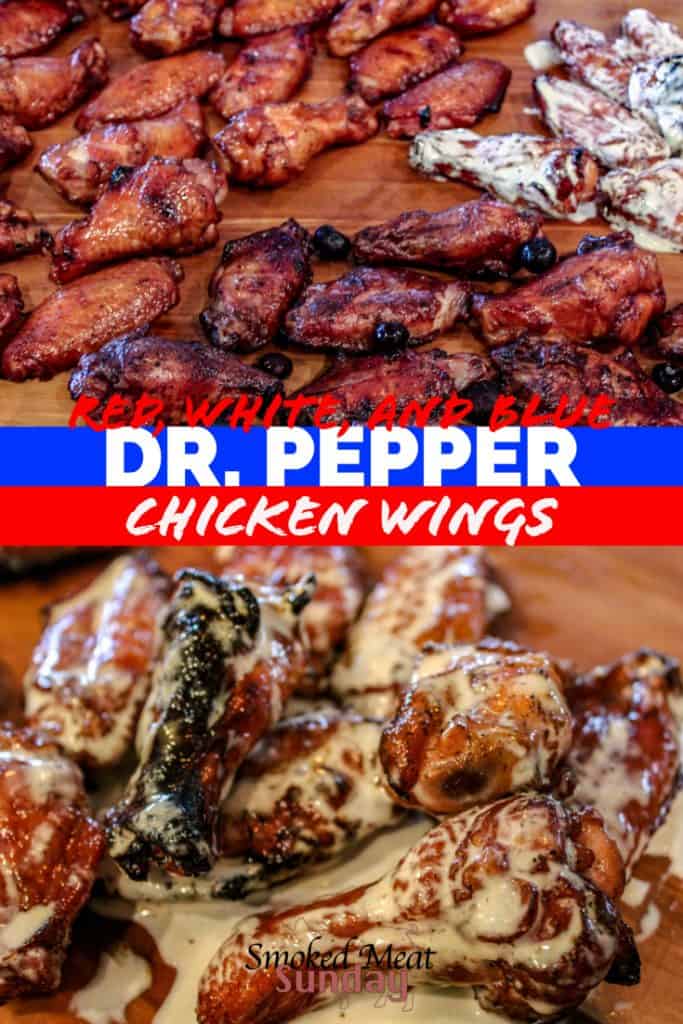 Smoky, Crispy, and delicious. These chicken wings are brined in Cherry Dr. Pepper and then tossed in a patriotic sauce of your choosing. I'll never make chicken wings a different way again! Chicken Wing Recipe - Crispy Smoked Chicken Wings - White Barbecue Sauce - Blueberry Barbecue Sauce - Red Sauce