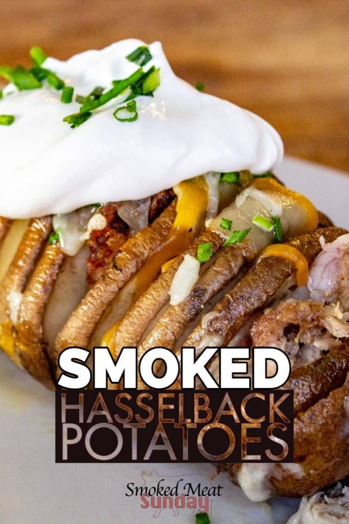 Are you looking for the best way to make potatoes? These smoked hasselback potatoes are so easy to make. Smoke kissed and loaded with flavor, you have to try these! Pellet Grill Recipes - Pulled Pork Leftovers Idea - Bacon - Chives - Smoker Recipes - Traeger Recipes