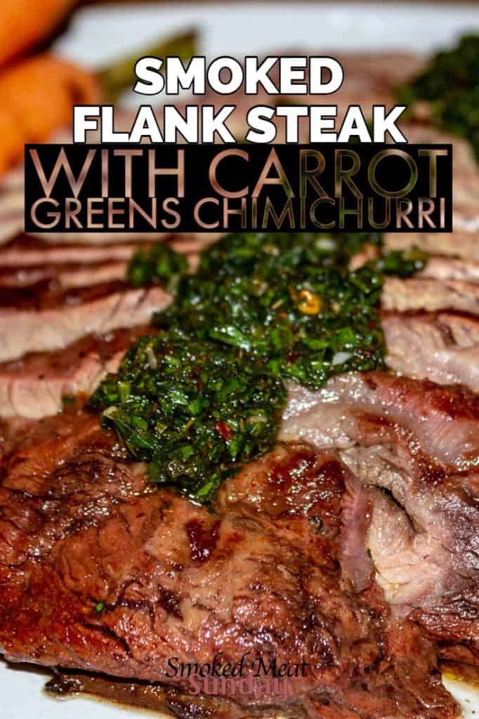 This smoked flank steak with carrot green chimichurri is loaded with flavors that I never knew you could experience when eating a steak. Pellet grill recipes, traeger recipes, Carrot Green Chimichurri Recipe compliments of www.loveandlemons.com
