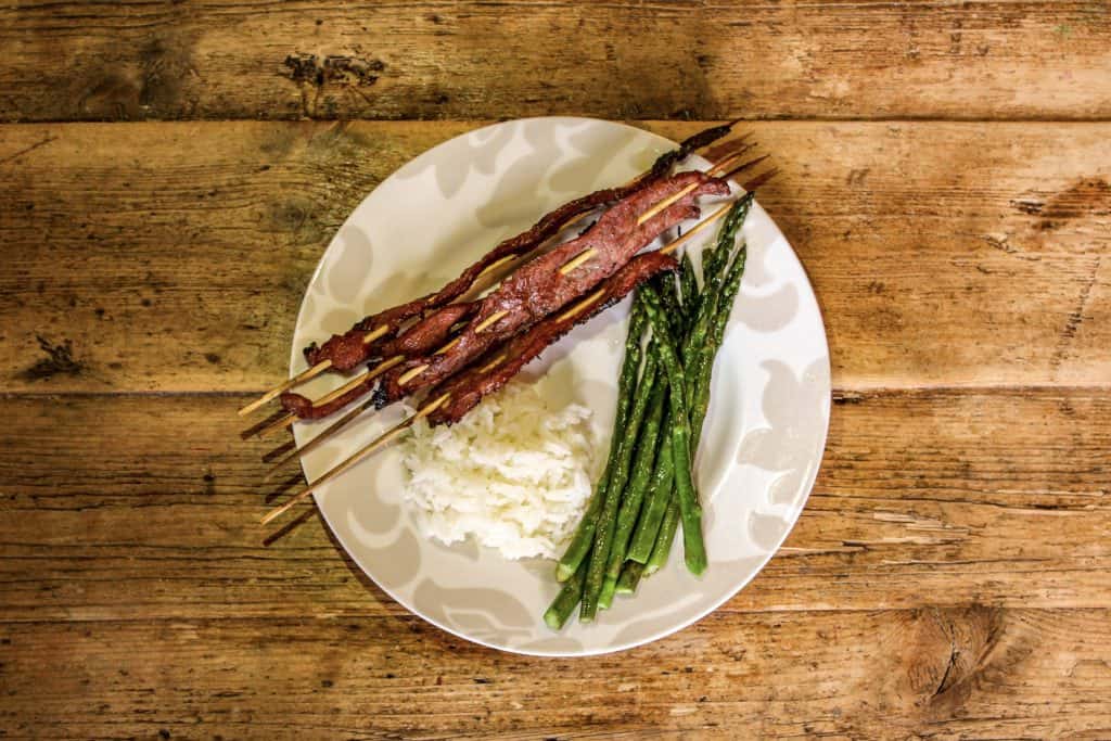 Smoked Skirt Steak Skewers with Asparagus and Rice