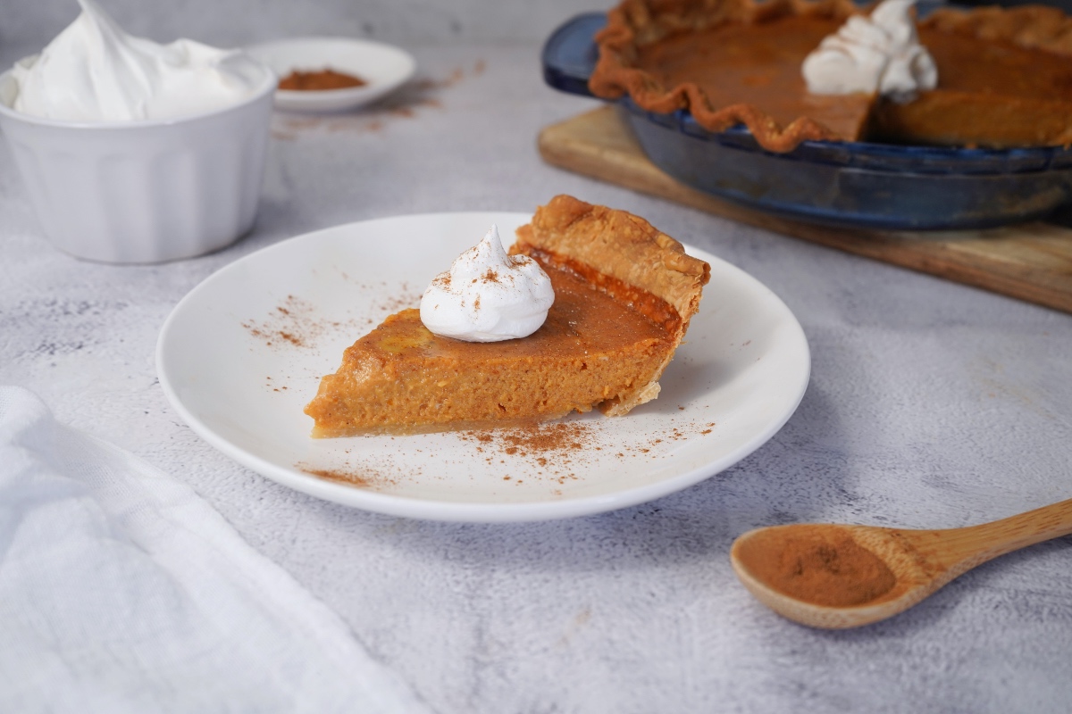 slice of pumpkin pie on white dish