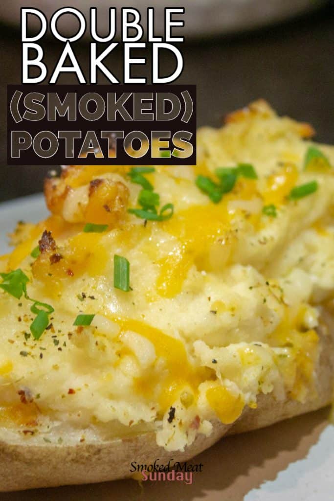 Looking for the best baked potato recipe? Or maybe you want to try making double baked potatoes to see what all the fuss is about? These loaded double baked potatoes are smoked on a pellet grill and are the perfect side dish for delicious barbecue. #traegerrecipes #pelletgrillrecipes #smokedmeat #barbecue #bbq