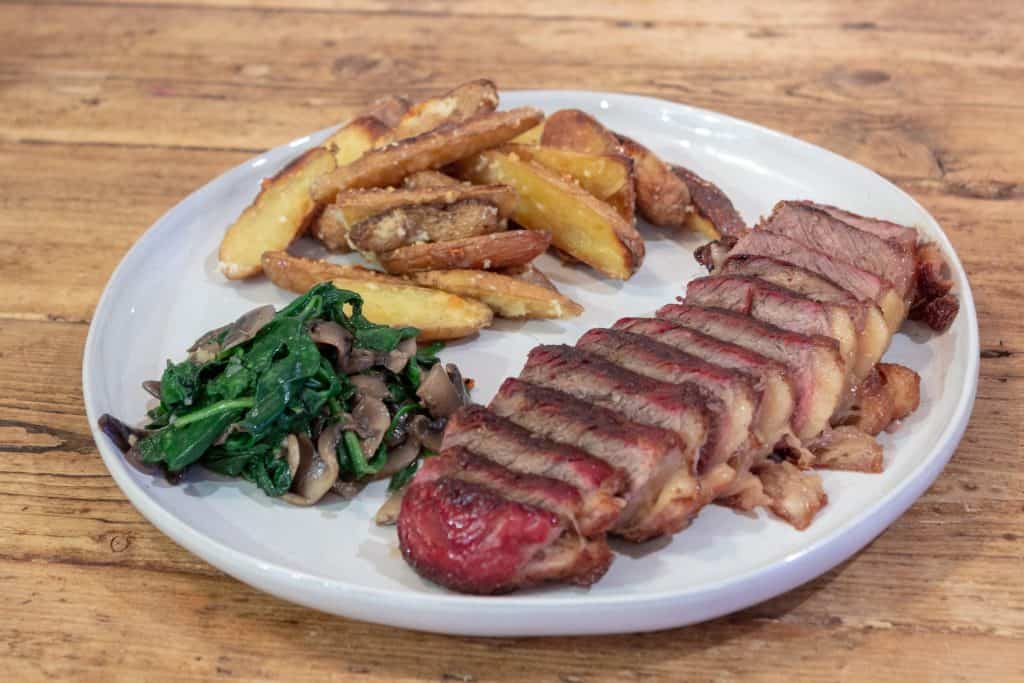 Reverse Seared Steak - Spinach and Mushrooms - Garlic Fingerling Potatoes