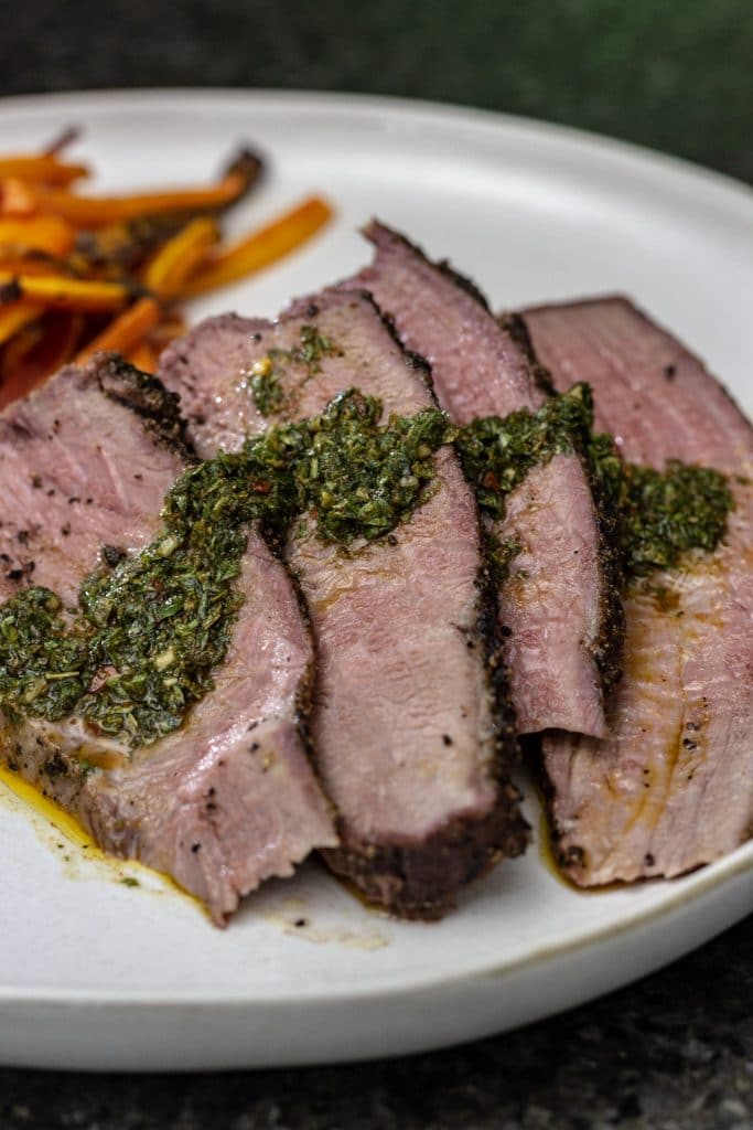 Smoked Tri Tip with Carrot Top Chimichurri