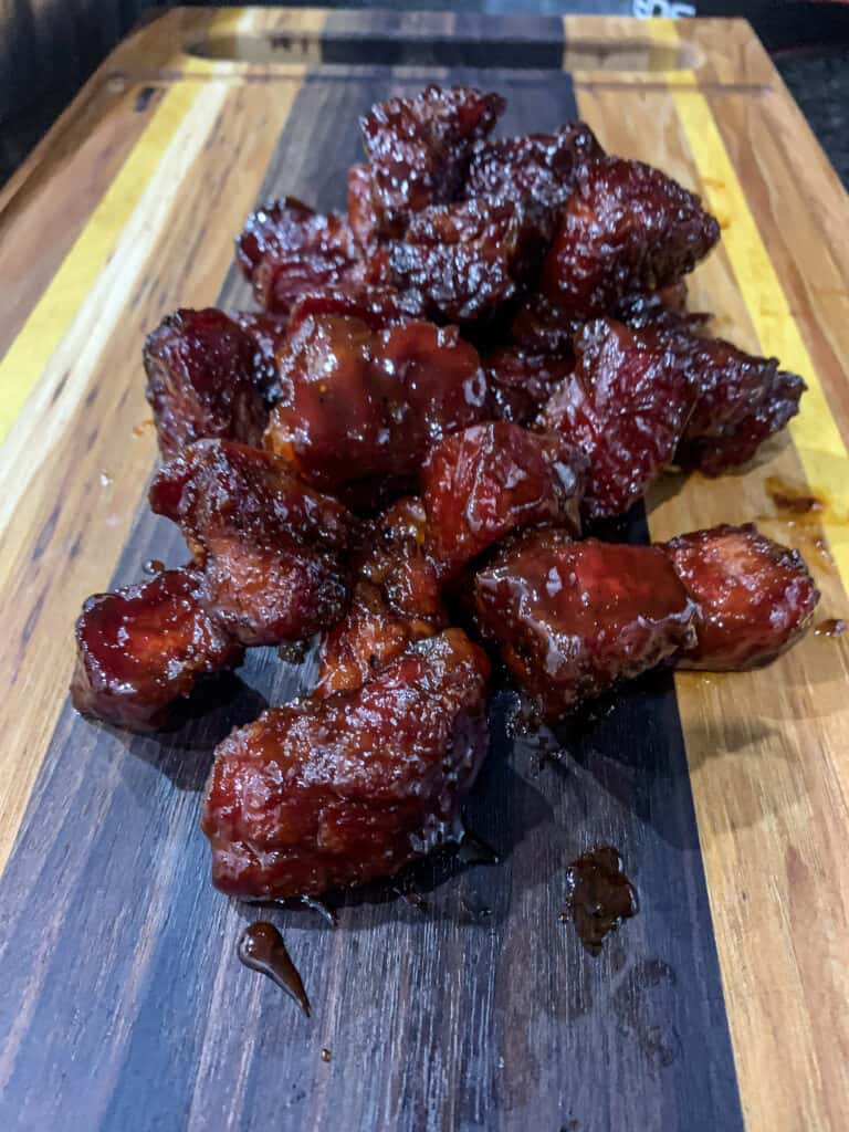 Pork Shoulder Burnt Ends on a cutting board