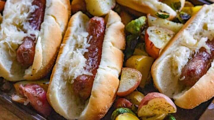 smoked brats with potatoes and brussel sprouts