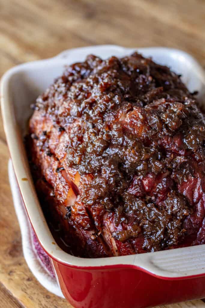 double smoked ham with a rhubarb and onion glaze