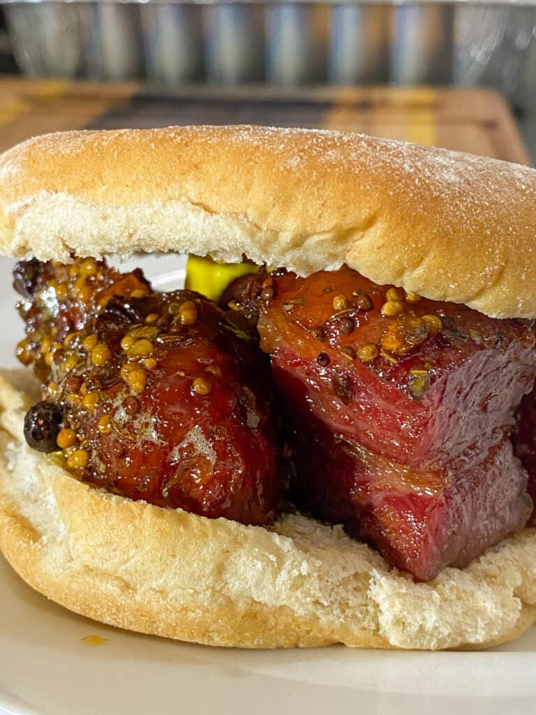 corned beef brisket burnt ends on a bun