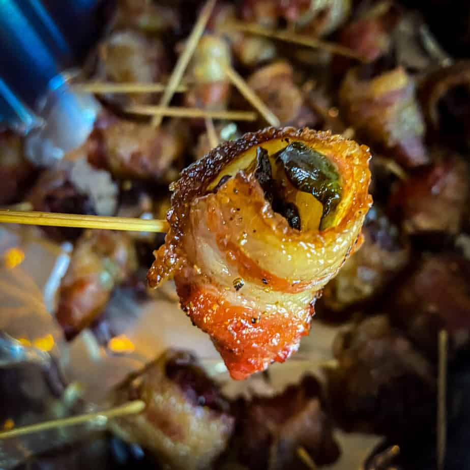 bacon wrapped steak bite on a toothpick