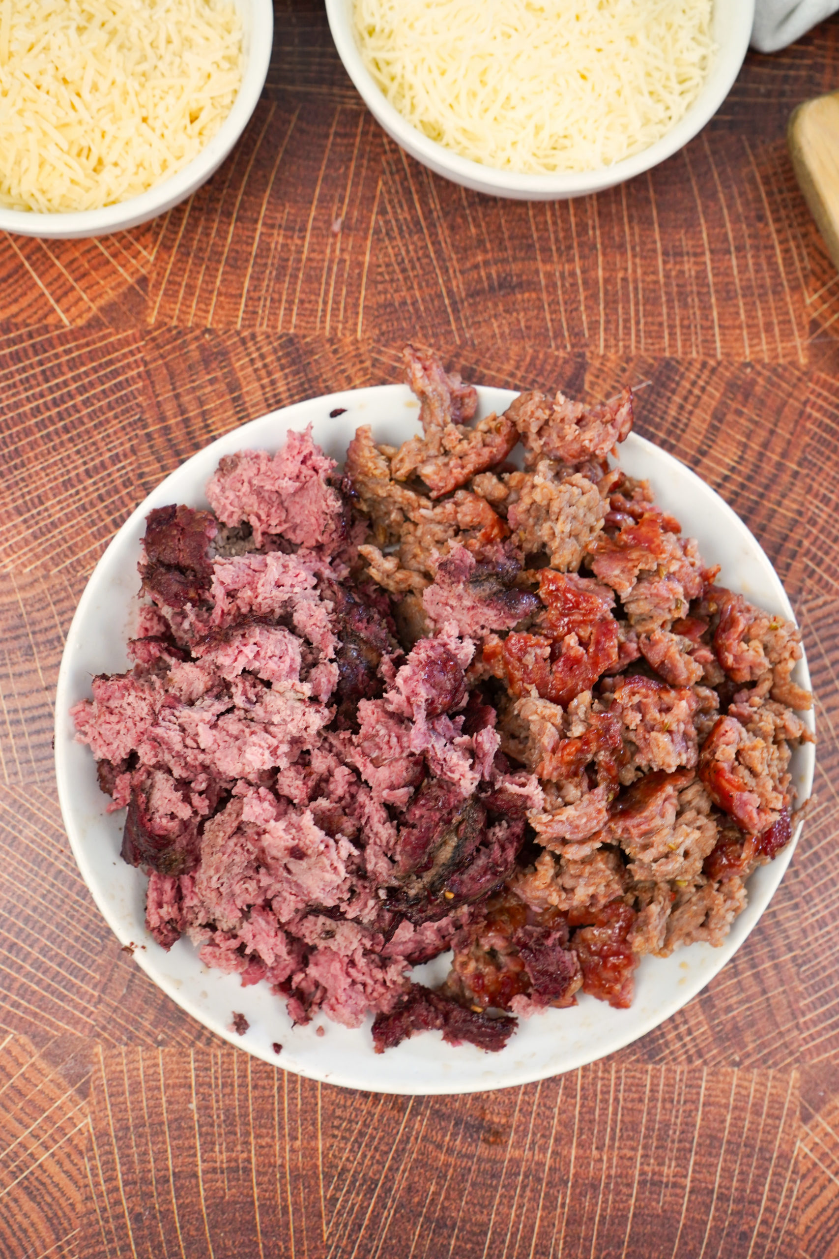 Smoked meat crumbled in bowl. 