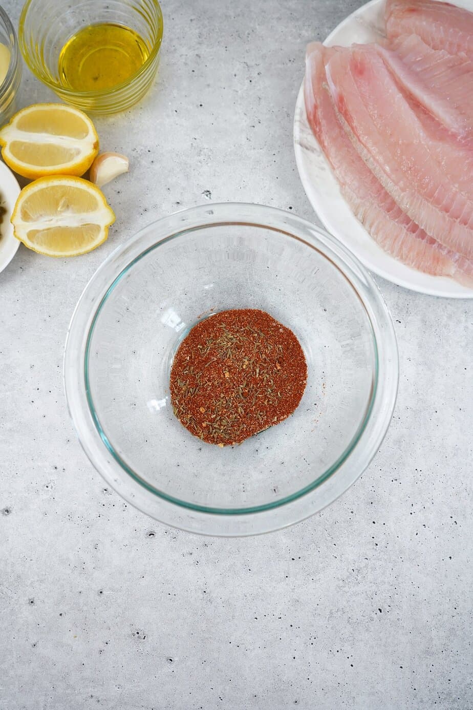 Mixing bowl with seasonings for tilapia. 