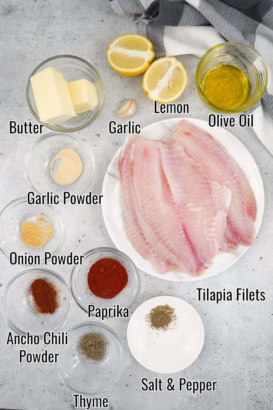 Ingredients needed for Smoked Tilapia labeled with text.