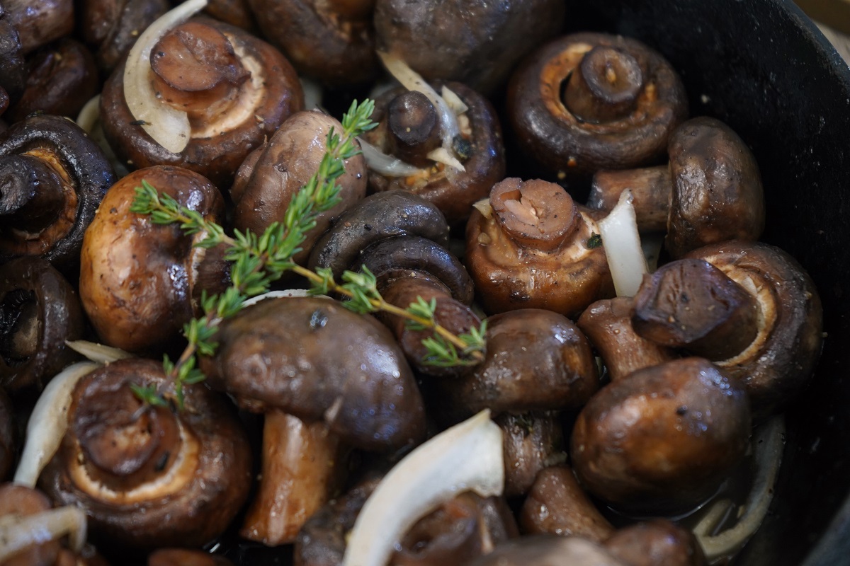 Garlic thyme smoked mushrooms close up in pan. 