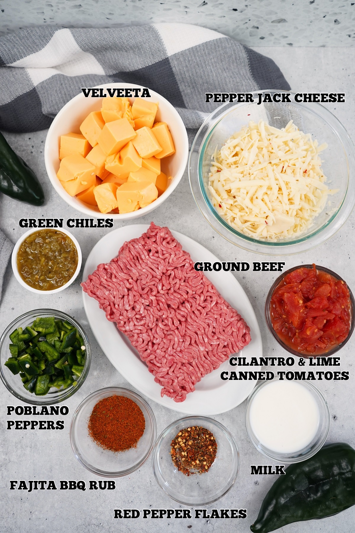 Smoked Queso Dip labeled Ingredients in bowls 