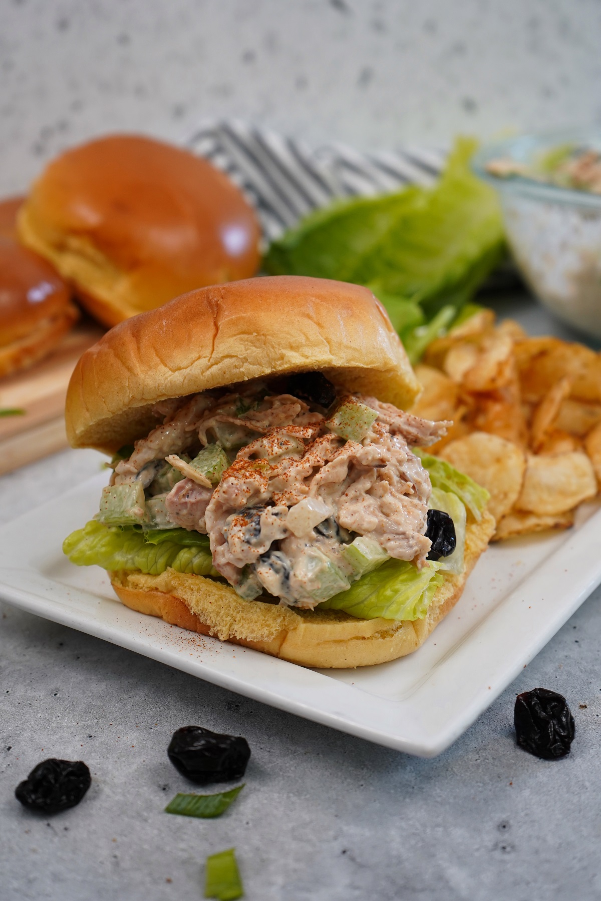 Smoked cherry chicken salad on bun on white plate. 