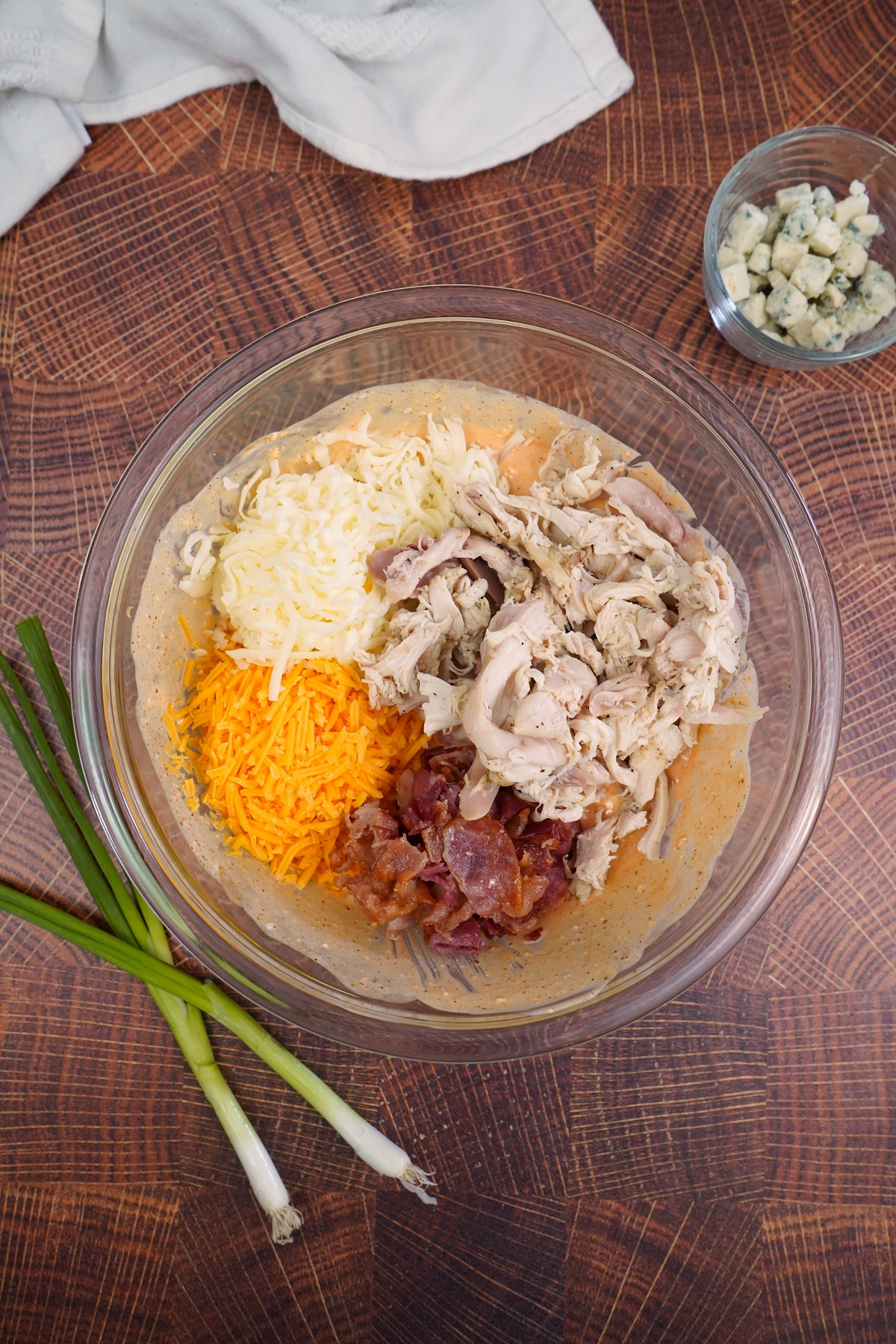 shredded chicken, bacon ,and cheese for buffalo chicken dip. 