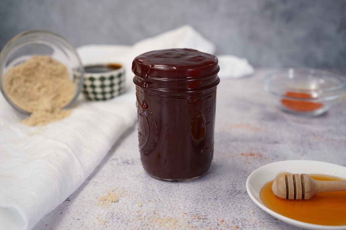 BBQ sauce in mason jar and honey