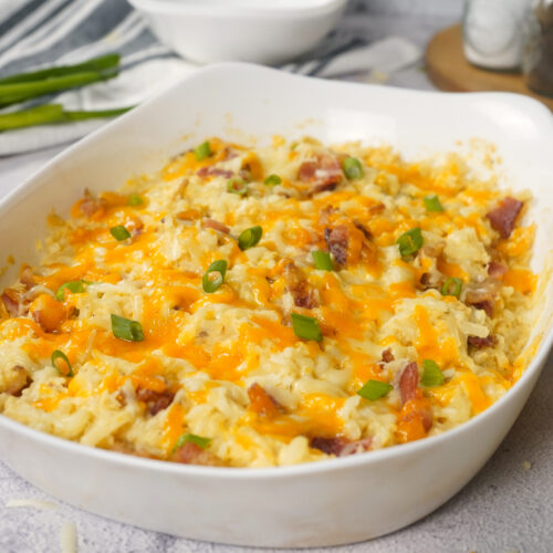 Smoked cheesy Potatoes in white baking dish