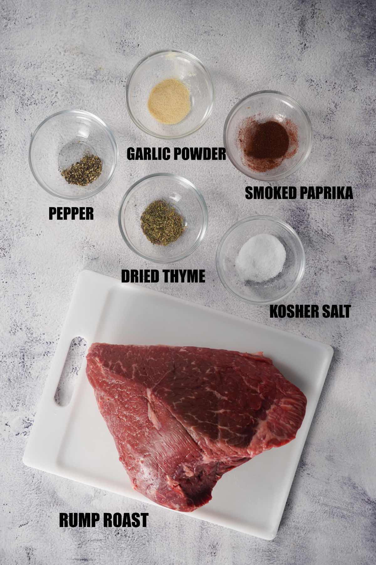Smoked rump roast ingredients labeled with text.