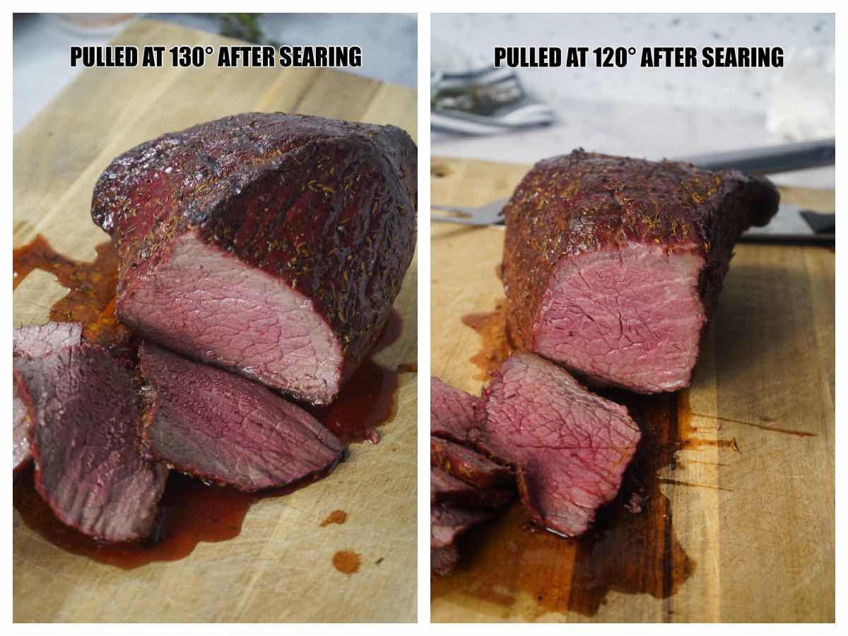 Smoked rump roast different temperatures compared side by side.